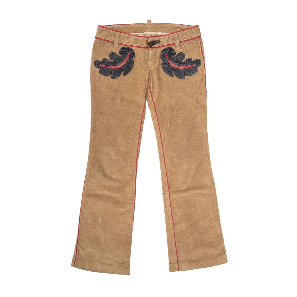 DSQUARDED2 Tan Corduroy Pants with Black and Red Embroidery